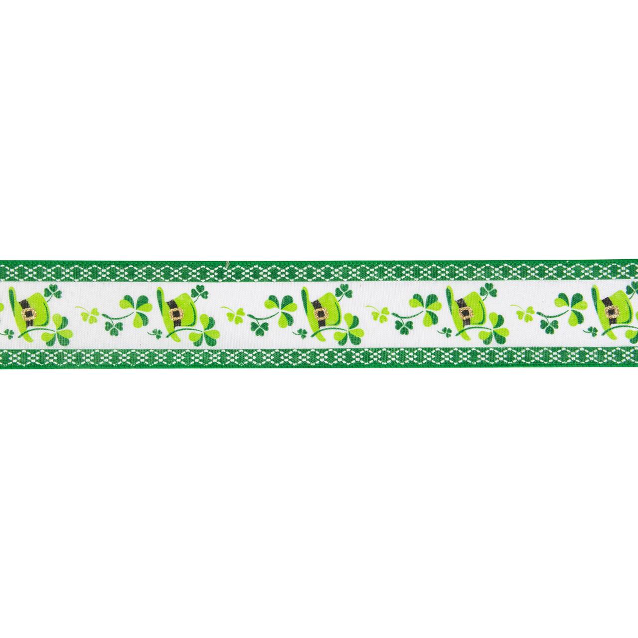 2.5" x 10yd. St. Patrick's Day Shamrock & Hat Wired Spring Craft Ribbon